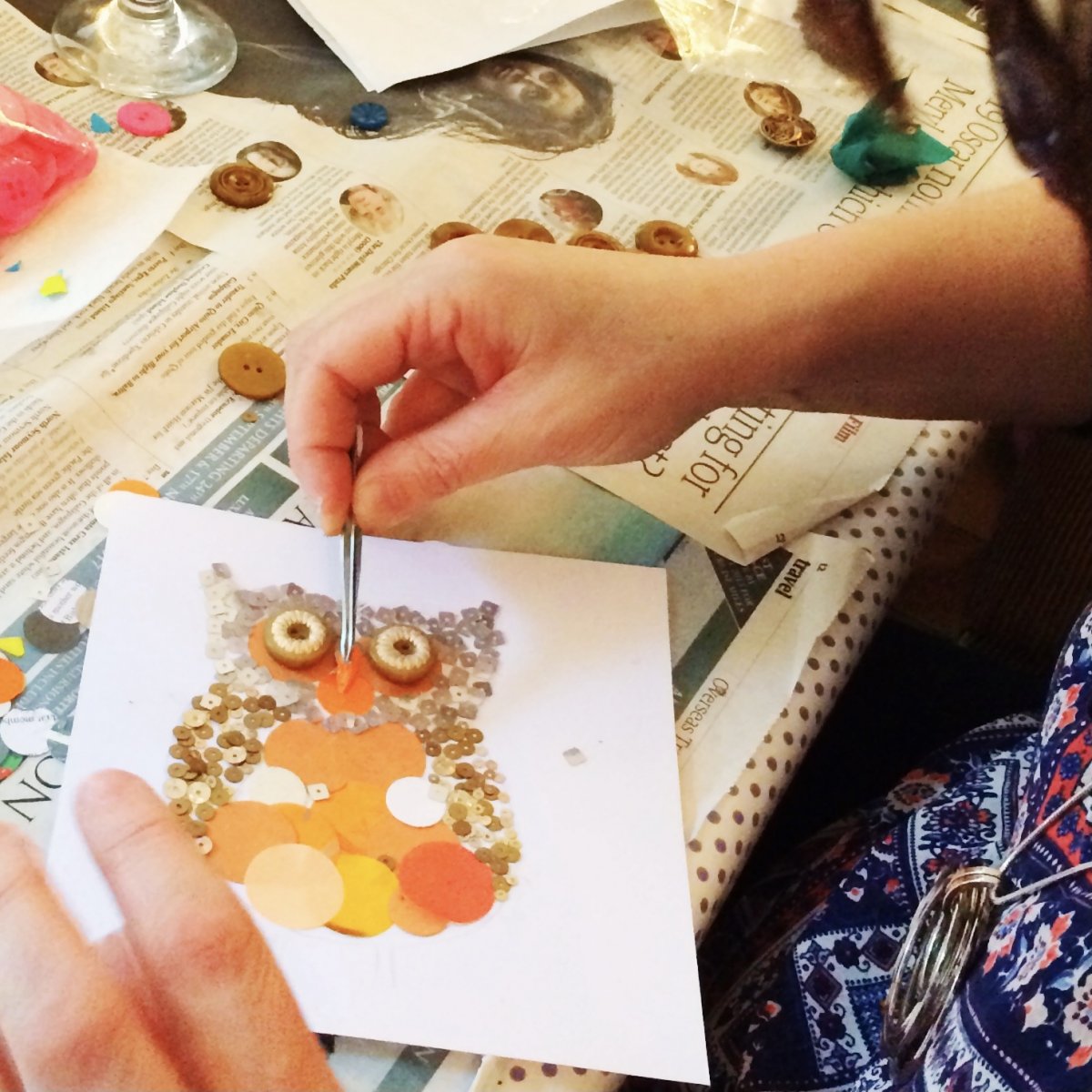 hen party button and paper craft class sequins